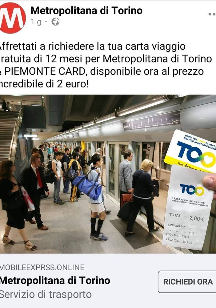&quot;Carta viaggio 12 mesi per la metropolitana di Torino&quot;. Gtt avvisa: &quot;È una truffa&quot;
