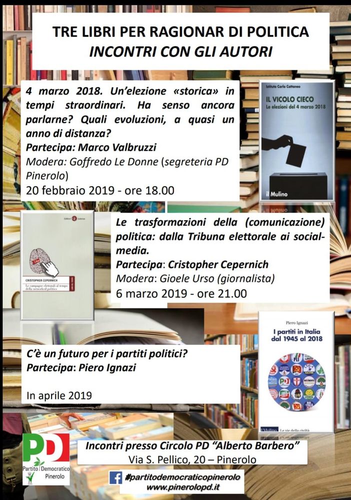 Pinerolo, ciclo di incontri organizzati dal Pd su &quot;Tre libri per ragionar di politica&quot;