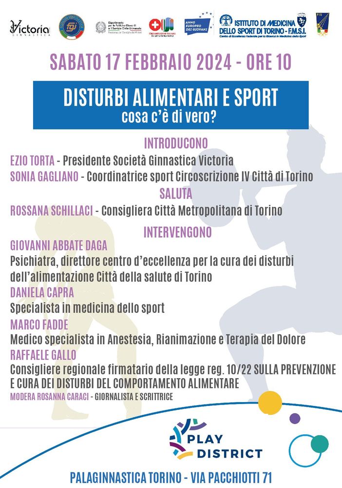 &quot;Disturbi alimentari e sport: cosa c’è di vero?&quot;. Un incontro al Palaginnastica di via Pacchiotti
