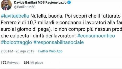 Barillari (M5S) attacca la Ferrero: insorgono lavoratori e fan della Nutella