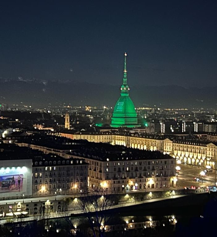 Panorama di Torino con la Mole illuminata di verde