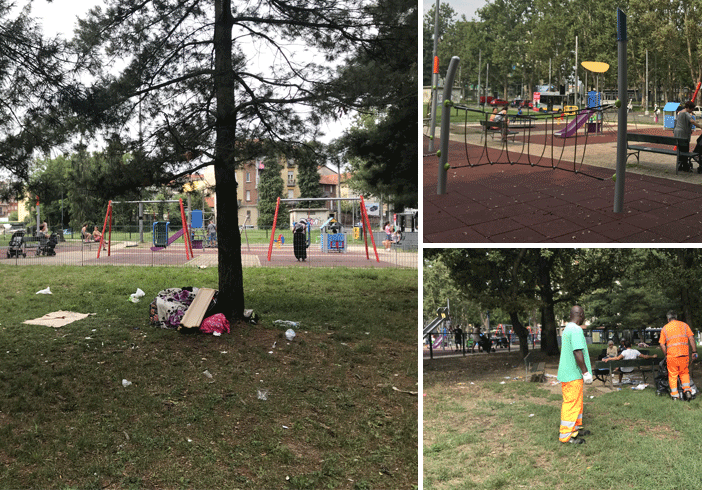 Il paradosso in piazza Sofia, nomadi accampati vicino all’area giochi riqualificata: immondizia a fianco dei bambini