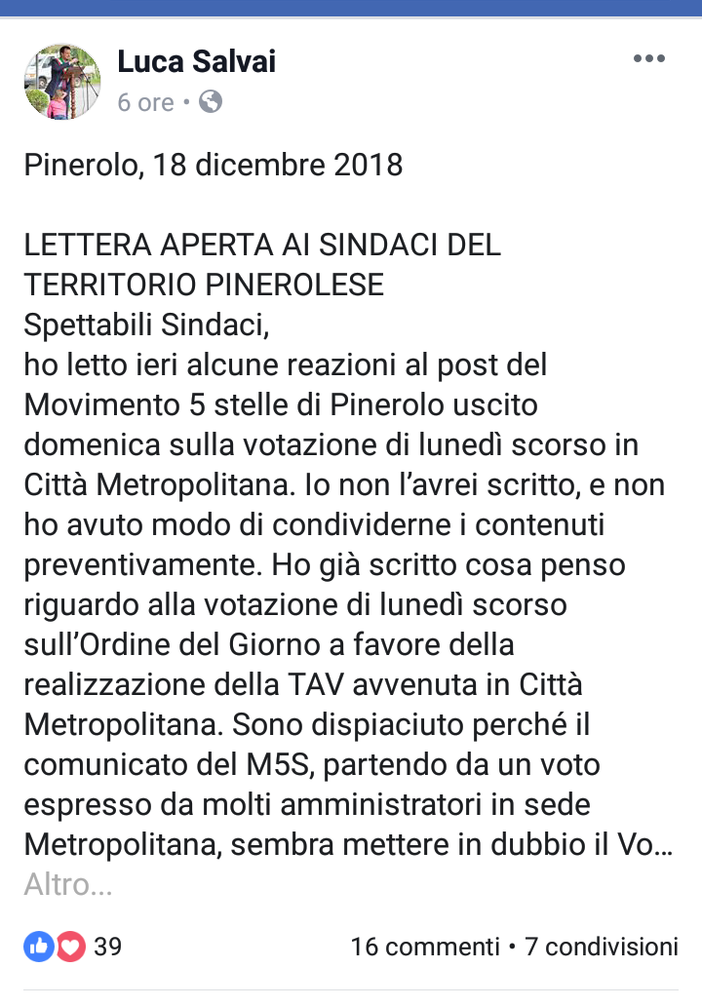 Salvai scrive al territorio: &quot;Non abbiamo bisogno di spaccature, ma di portare avanti piccoli progetti concreti&quot;