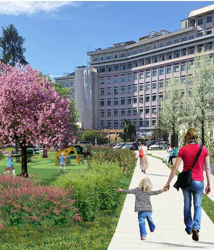 Un rendering di come sarà l'area verde davanti al Regina Margherita