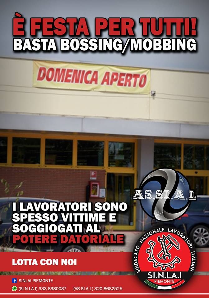 Il sindacati AS.SI.A.L e SI.N.LA.I solidali con la commessa di Susa che si era rifiutata di lavorare domenica 31 dicembre
