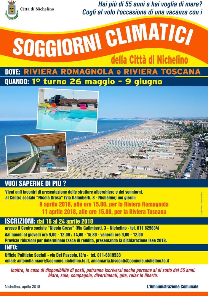 Nichelino, dal 26 maggio partono i soggiorni estivi per chi ha più di 55 anni