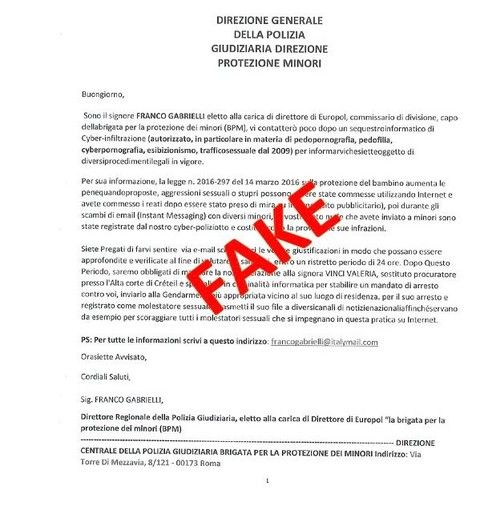Copia della mail a firma del sedicente Franco Gabrielli