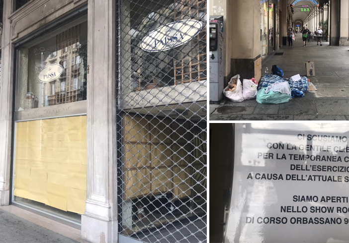 Vetrine abbandonate, mendicanti e negozi in vendita: il Covid ha messo in ginocchio via Cernaia [VIDEO e FOTO]