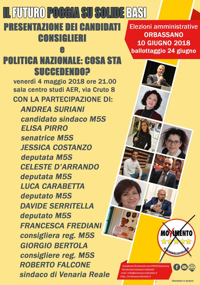 Orbassano, il M5S presenta i suoi consiglieri candidati alle elezioni municipali la sera del 4 maggio