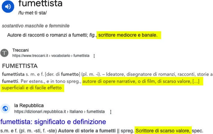 Via l’accezione spregiativa dal termine “fumettista”: la Treccani accetta