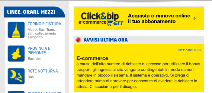 Bonus Trasporti, il sito di Gtt in tilt per il &quot;click day&quot;: &quot;Ingressi online contingentati&quot;
