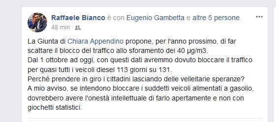 Blocco auto, Bianco (Grugliasco) risponde ad Appendino: "Con i nuovi metodi, diesel fermi 113 giorni su 131 da ottobre a oggi"