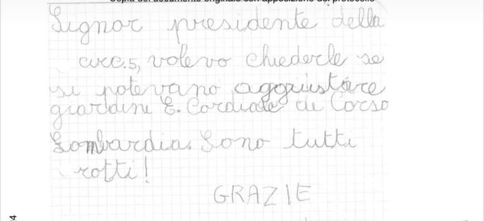 Una bambina scrive al presidente di Circoscrizione: "Si possono aggiustare i giardini?" Una bambina scrive al presidente di Circoscrizione: "Si possono aggiustare i giardini?"