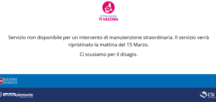 Home page con messaggio di servizio sospeso