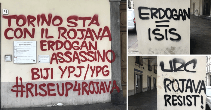 Sui muri di Torino la rabbia contro Erdoğan: imbrattate le colonne di via Po