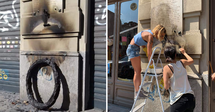 Grave atto vandalico, a fuoco la corona della lapide dei Partigiani in largo Montebello
