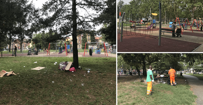 Il paradosso in piazza Sofia, nomadi accampati vicino all’area giochi riqualificata: immondizia a fianco dei bambini