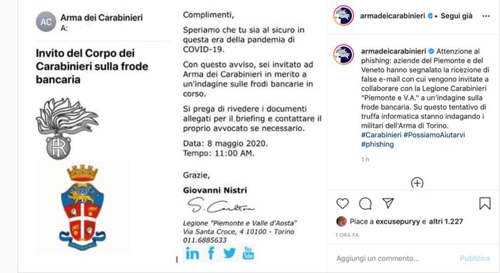 False mail dai carabinieri del Piemonte e Valle d'Aosta, indagini in corso
