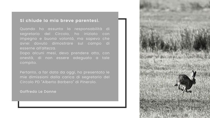 Pd di Pinerolo, Le Donne saluta così: «Non sono adeguato a tale compito»