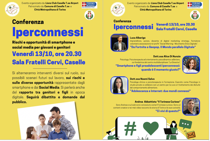 Lions Club Caselle organizza la conferenza “Iperconnessi – Rischi e opportunità di smartphone e social media per giovani e genitori”