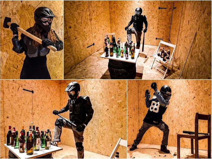 Mix di foto di una rage room stanza della rabbia per sfogare la tensione spaccando oggetti