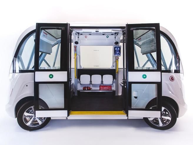 Il rendering degli shuttle Navya che viaggeranno in città