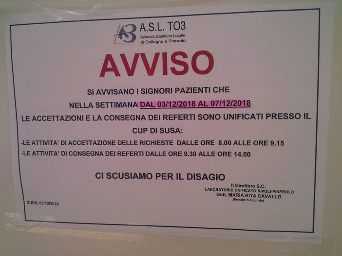 Ospedale Susa, Batzella (Mli): "Manca personale nella segreteria del laboratorio analisi, accettazione e ritiro referti trasferiti al Cup"