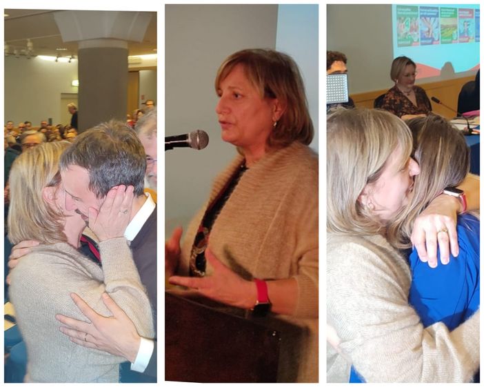 Collage con abbracci e Pentenero che parla Collage con abbracci e Pentenero che parla