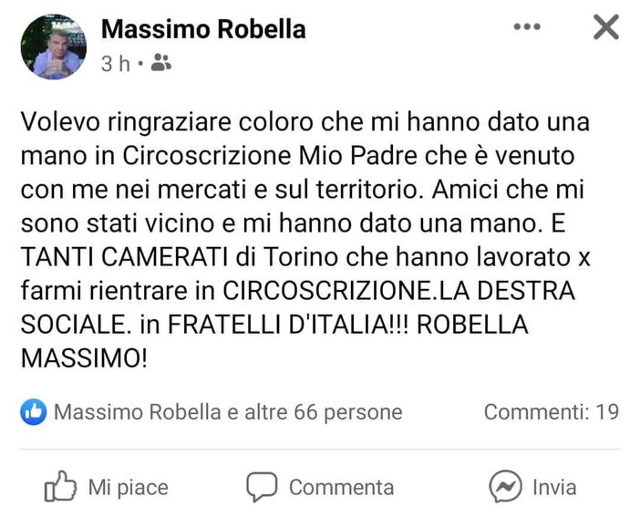 Il tweet del consigliere Robella