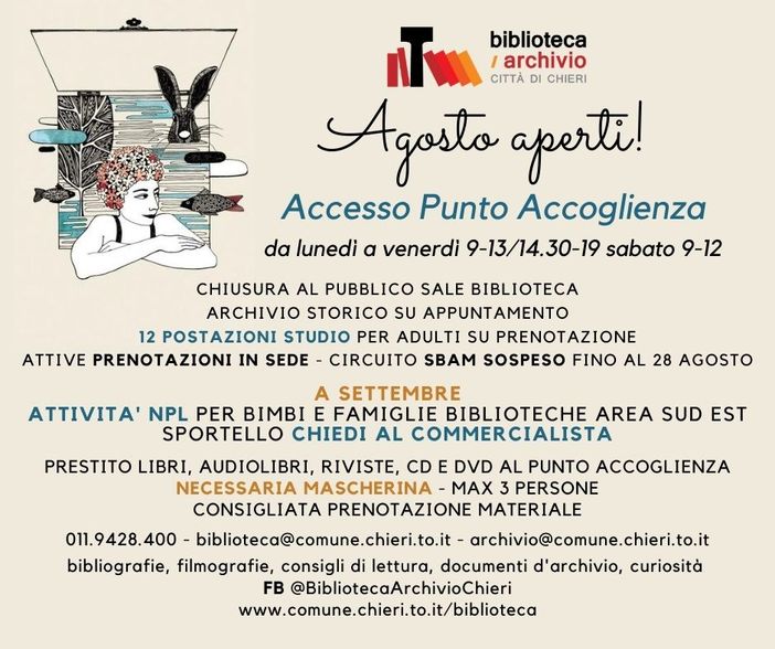 La Biblioteca di Chieri aperta tutto il mese di agosto La Biblioteca di Chieri aperta tutto il mese di agosto