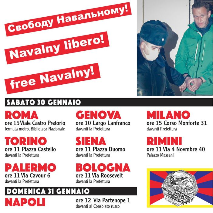 La locandina con le manifestazioni per Navalny