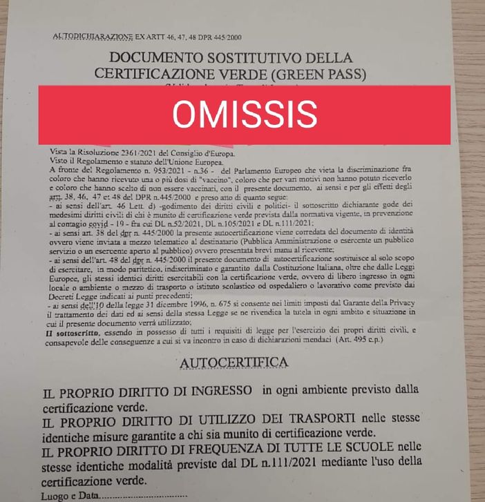 La finta autocertificazione (foto tratta da facebook) La finta autocertificazione (foto tratta da facebook)