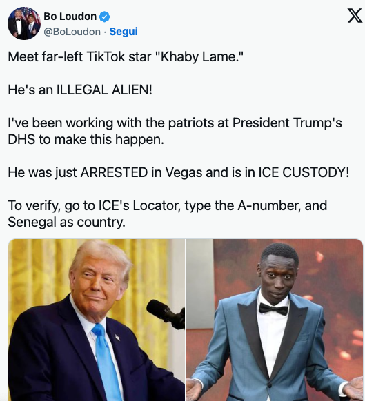 "Khaby Lame arrestato a Las Vegas": l'annuncio dell'influencer trumpiano sul tiktoker di Chivasso "Khaby Lame arrestato a Las Vegas": l'annuncio dell'influencer trumpiano sul tiktoker di Chivasso