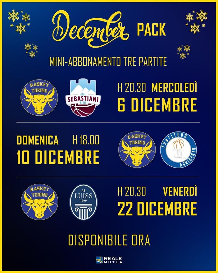 Basket Torino, disponibile il mini abbonamento “december pack” Basket Torino, disponibile il mini abbonamento “december pack”