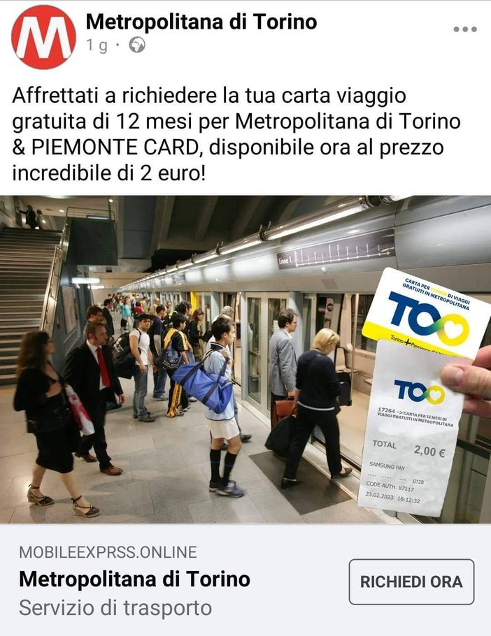 "Carta viaggio 12 mesi per la metropolitana di Torino". Gtt avvisa: "È una truffa" "Carta viaggio 12 mesi per la metropolitana di Torino". Gtt avvisa: "È una truffa"