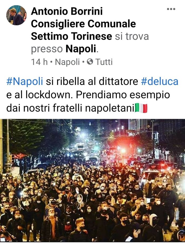 Settimo, Borrini: &quot;Napoli si ribella, prendiamo esempio&quot;
