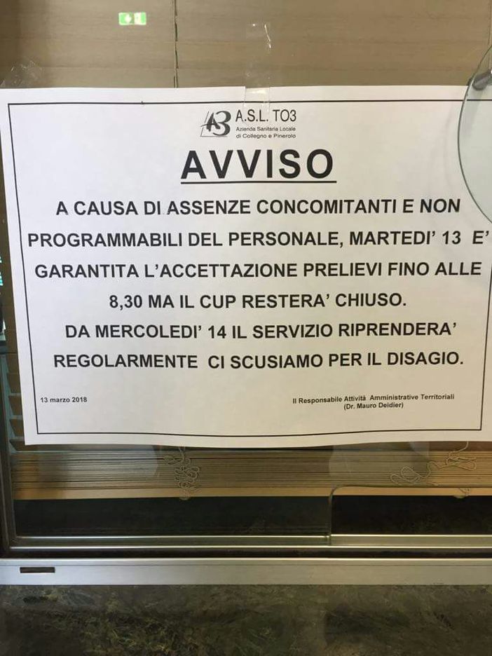 Troppe assenze del personale, oggi il Cup Asl di Alpignano è rimasto chiuso Troppe assenze del personale, oggi il Cup Asl di Alpignano è rimasto chiuso