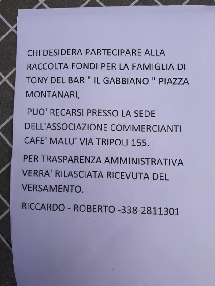 A Santa Rita raccolta fondi per la famiglia di Tony, proprietario del bar &quot;Il gabbiano&quot;