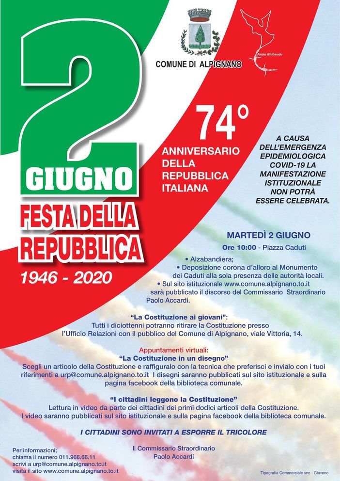 Alpignano, anche la festa del 2 Giugno deve fare i conti con il Covid e diventa virtuale