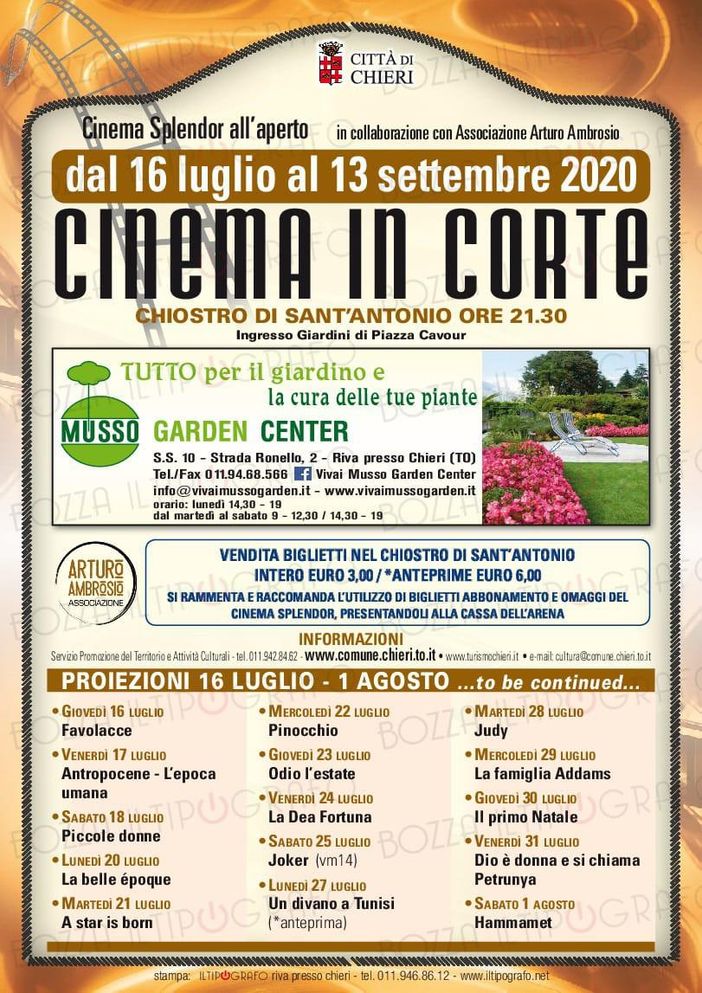 "Cinema in corte", a Chieri due mesi di proiezioni all'aperto