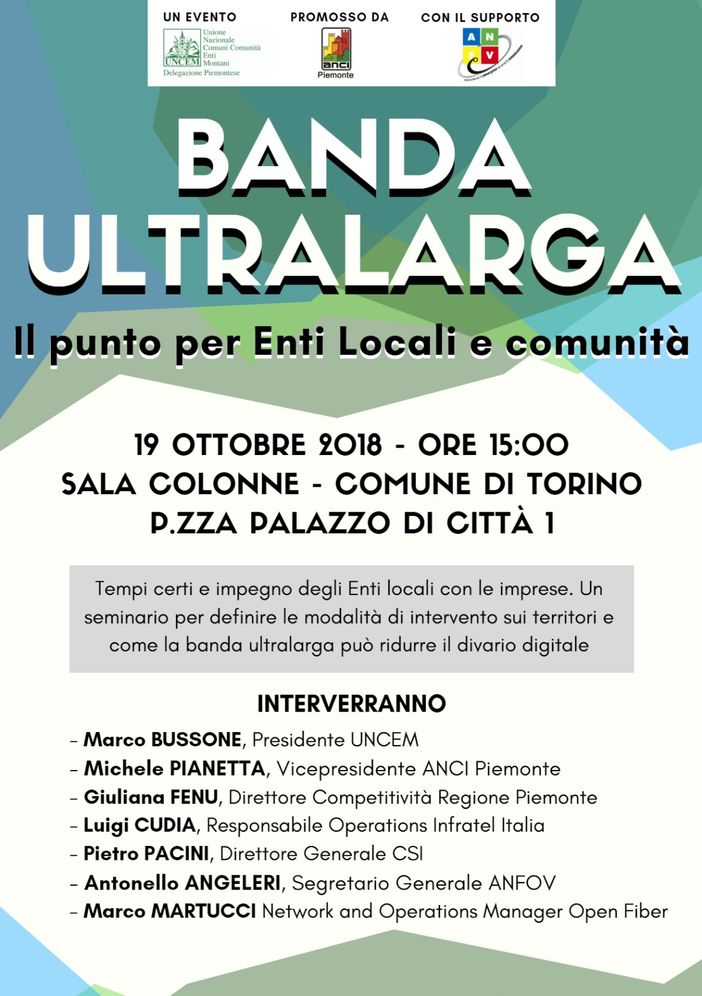 &quot;Banda Ultralarga. Il punto per Enti Locali e comunità&quot;, seminario organizzato da Anci e Uncem
