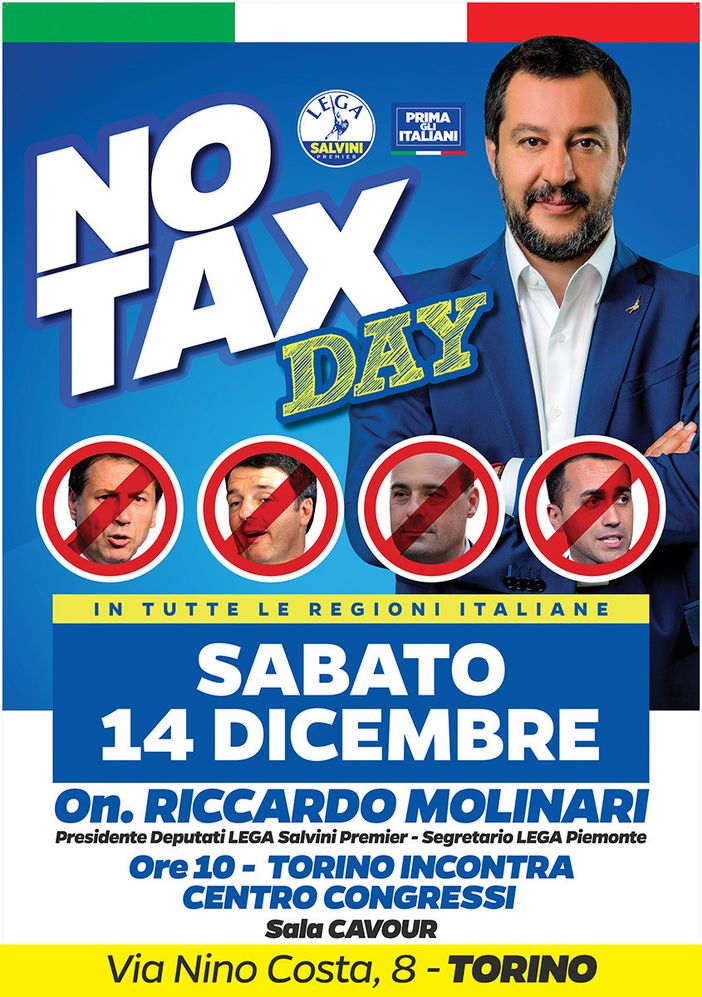 Sabato 14 dicembre No Tax Day della Lega a Torino e in tutta Italia