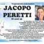 Il necrologio che annuncia i funerali di Jacopo Peretti