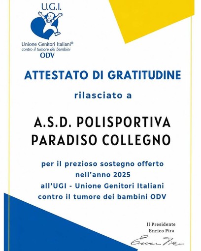 La Polisportiva Paradiso Collegno premiata per l'impegno a favore dei bambini malati di cancro La Polisportiva Paradiso Collegno premiata per l'impegno a favore dei bambini malati di cancro