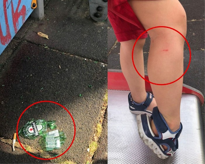 A sinistra i cocci di vetro e a destra il bimbo ferito