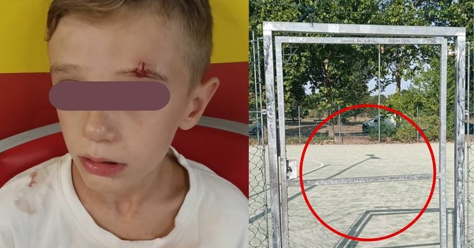A sinistra, il piccolo Antonio. A destra, la porta del campetto