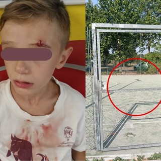 A sinistra, il piccolo Antonio. A destra, la porta del campetto