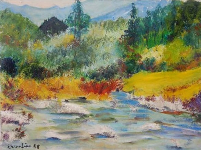 Un quadro di Ettore Serafino, che ritrae il torrente davanti a casa a Prali Un quadro di Ettore Serafino, che ritrae il torrente davanti a casa a Prali