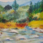 Un quadro di Ettore Serafino, che ritrae il torrente davanti a casa a Prali