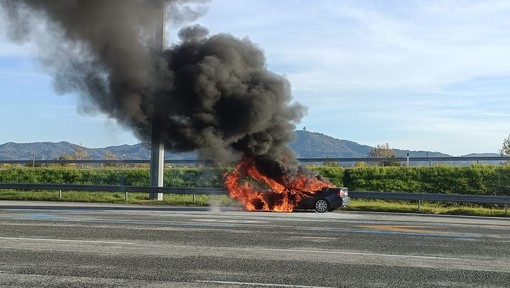 Auto che brucia a bordo strada